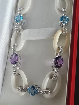 Designer Silver 925 White Agate Links Blue Topaz,  AMETHYST 18.5" Necklace NWOT  - Image 1 of 4