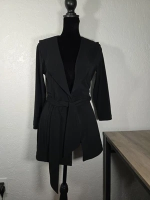 Women s Chico's Belted Ruffle Neck Line Jacket  Black Long Sleeve Size 0 / Small - Image 1 of 4