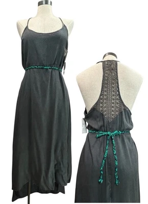 Vestido ELEMENT Louis Midi Talla L Desteñido Negro Crochet Espalda Corredora Verde Trenzado Cinturón Foto 1 de 4