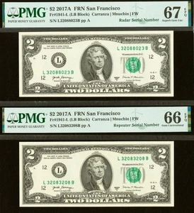 2017A $2 FRN PMG 67EPQ 66EPQ - Matching Radar Repeater Serial Numbers 32083208 - Picture 1 of 5