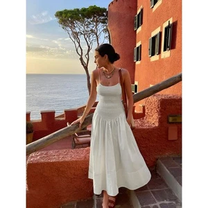 Commense Cotton Blend Shirred Cami Midi Dress S White Beach Coastal Vacation - Picture 1 of 10