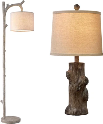 Lámparas de mesa de resina de 23" y lámpara de pie rústica de tronco de árbol de granja para sala de estar S Foto 1 de 4