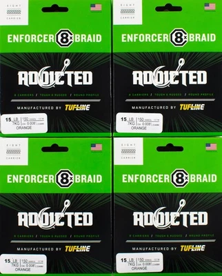 (LOT OF 4) TUF-LINE ADDICTED ENFORCER 8X BRAIDED LINE 15LB 150YD NCLR ORG DR2220 - Image 1 of 2
