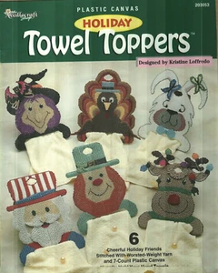 NEW HOLIDAY TOWEL TOPPERS WITCH LEPRECHAUN REINDEER PLASTIC CANVAS PATTERN BOOK - Picture 1 of 2