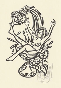 Exlibris - UTZ BENKEL - für Klaus Rödel - Wein/weiblicher Akt/Trauben - signiert - Bild 1 von 1