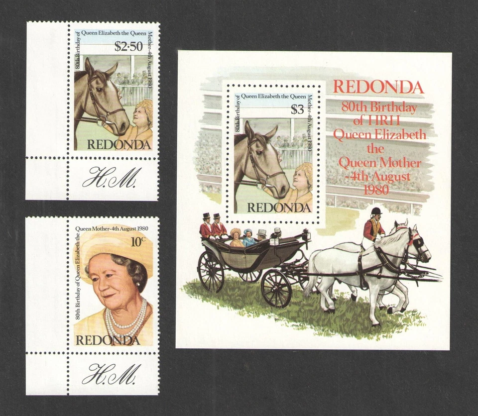 1980 REDONDA ANTIGUA Scott # N/A {QUEEN MOTHER} SELLOS + HOJA DE RECUERDO MNH Foto 1 de 1