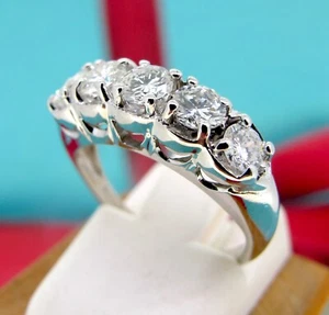 .85 ctw Real Diamonds Round Cut 14k White Gold Five Stones Retro Ring Size 5 - Afbeelding 1 van 7