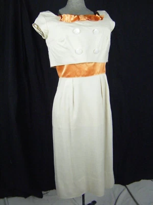 Vtg 60s Beige Buttons Layer Orange Bows Party Dress-Bust 39/XS-S - Image 1 of 4