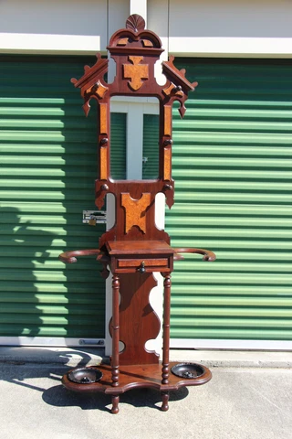Walnut Victorian Renaissance Revival Hall Tree with Original Drip Pans Cover