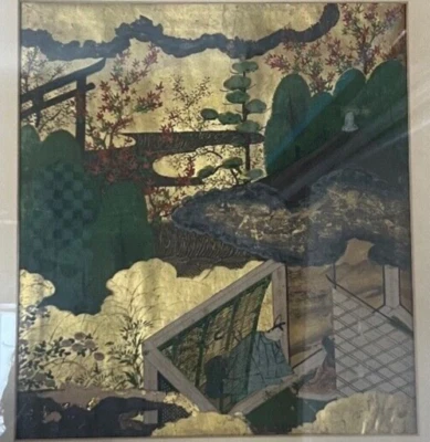  Pintura japonesa policromada y dorada Escuela Tosa. Período Edo. Tales of Genji Foto 1 de 4