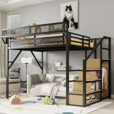 Metal High Loft Bed with Wardrobe Stairs Storage Shelf Full Queen Size Bed Frame - Image 1 of 4