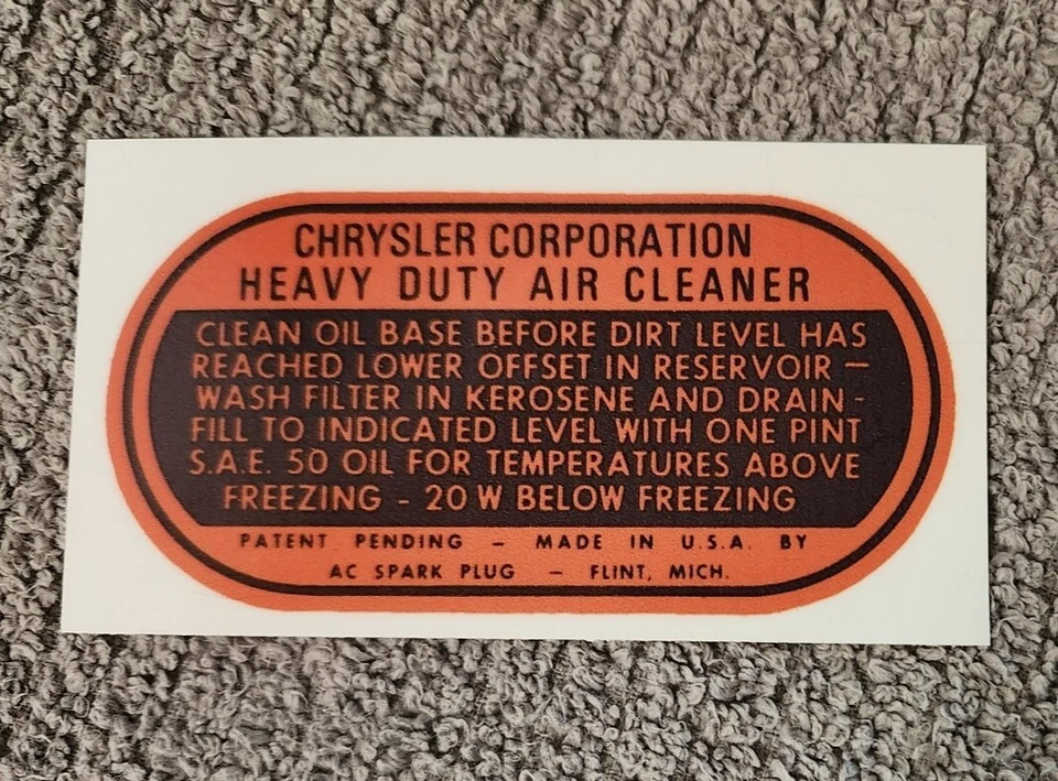 适用于 1937 - 1954 年克莱斯勒、道奇、DeSoto — 发动机空气过滤器贴花 + 自粘 — 第 1/1 张图片