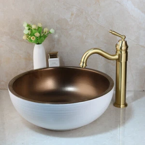 Bathroom Ceramic Wash Basin Bowl Vessel Sink Brushed Gold Mixer Faucet Set - Picture 1 of 7