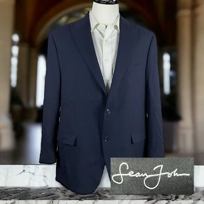 Chaqueta Blazer Sean John Para Hombre 46L Azul Marino Sólido Dos Botones Mezcla Poliéster Foto 1 de 4