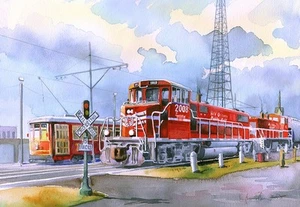 New Orleans French Quarter NOPB rote Lokomotiven & Trolley. Notizkarten 5x7" - Bild 1 von 2