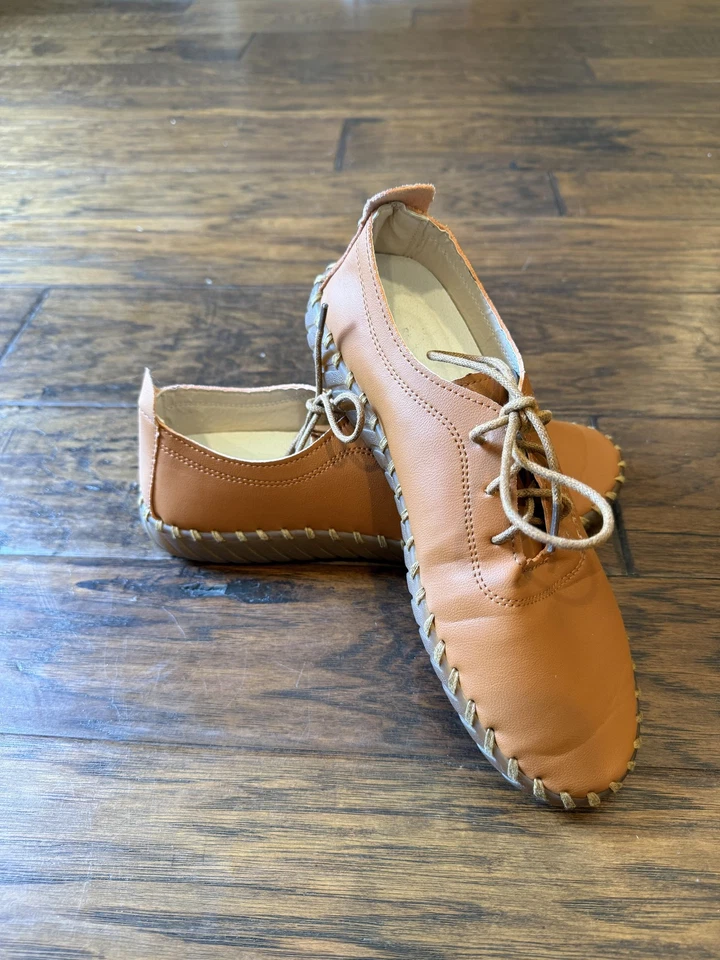 Zapatos de cuero hechos a mano para mujer 9 para hombre 7 color tostado puntadas con cordones mocasín plano cómodo Foto 1 de 4