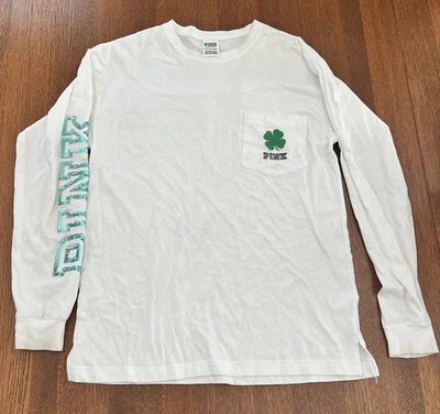 PINK Victoria’s Secret Women Top Small White T-Shirt Irish It Was Happy Hour XS - Image 1 of 4