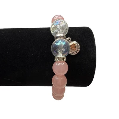 Pulsera con cuentas de piedra de cuarzo rosa 925 con dije de plata de ley joyería de corazón de amor Foto 1 de 4
