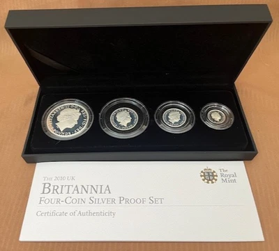 2010 UK Royal Mint Britannia Four-Coin Silver Proof Set W/COA Foto 1 de 4