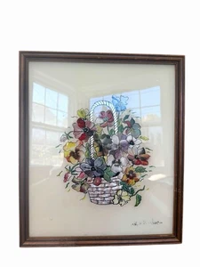 American Folk Art Reverse Tinsel Foiled Painting Pansy Basket Wood Frame Signed - Picture 1 of 12
