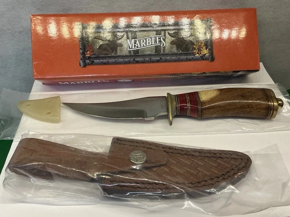 Nuevo cuchillo canicas hoja grande SS mango de ciervo real, funda de cuero, modelo #MR573X Foto 1 de 4