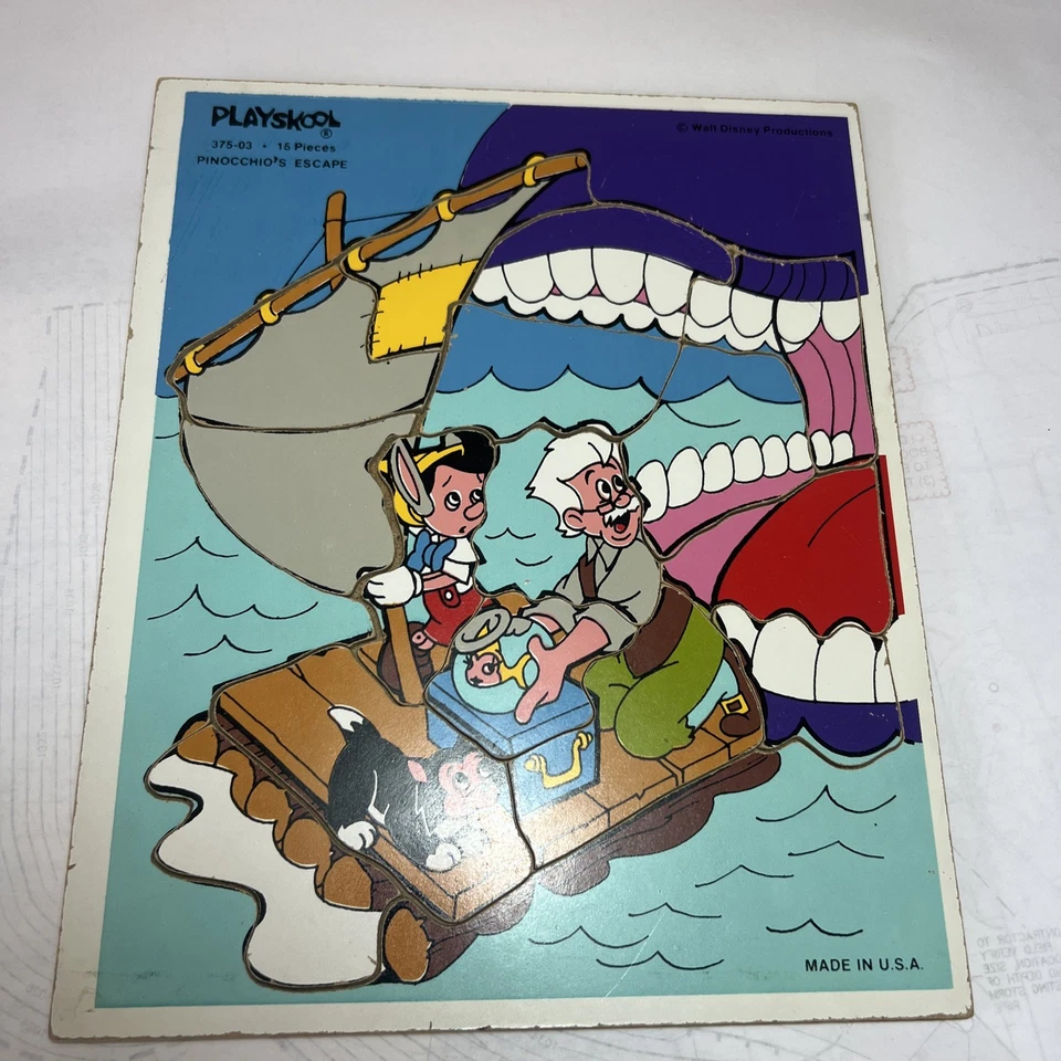 Rompecabezas de madera vintage Playskool Disney Pinocho's Escape 15 piezas niño pequeño 375-03 + Foto 1 de 1