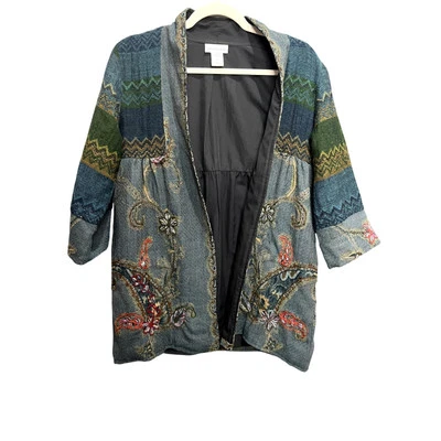 Casaco bordado tapeçaria lã jaqueta quimono verde Izmir Soft Surroundings XS  - Imagem 1 de 4