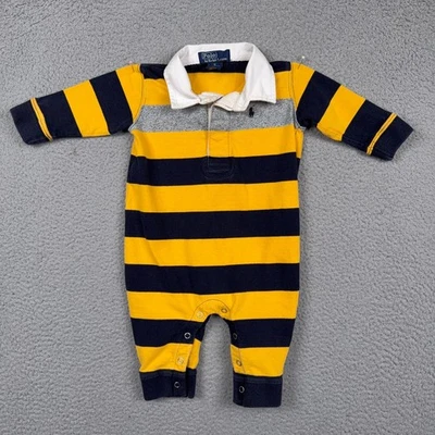 Polo Ralph Lauren Mameluco Infantil Pequeño Azul Marino Amarillo Rayas Rugby 3-6 Meses Foto 1 de 4