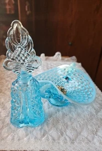 Antiker Fenton blauer Glas Parfüm Flakon, Schmuck Nagel Schale Waschtisch Dekor - Bild 1 von 16