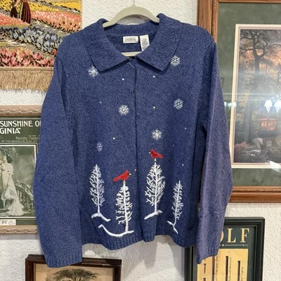 Cárdigan Suéter Vintage Años 90 Elementos Clásicos Navidad Talla XL Azul Copo de Nieve Foto 1 de 4