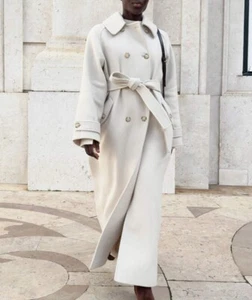 Double-breasted Women's Coat Warm Wool Blend Coat White Women's Trench Coat - Picture 1 of 17