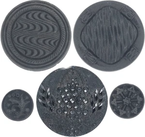 LOT 5 Victorian Black Glass Button Lacy Scroll Textured Cut Steel 0.56-1.06" - Picture 1 of 11