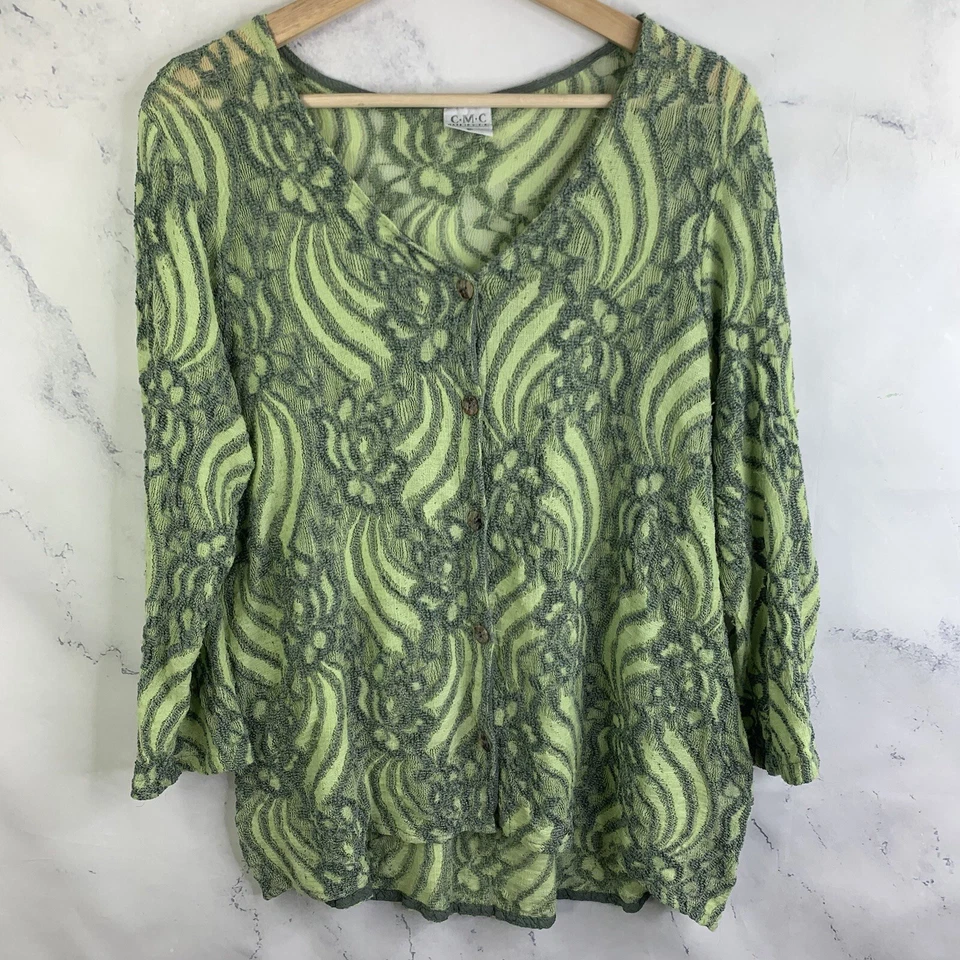 复古 90 年代开衫衬衫 L Artsy Y2k 衬衫绿色网眼复古美国 Whimsi Cupro — 第 1/4 张图片