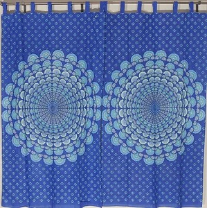 Blue Bedroom Window Curtains - 2 Peacock Tail Fan 82" Long Block Print Panels - Picture 1 of 4