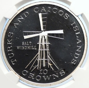 1977 TURKS AND CAICOS Salt Windmill OLD Proof Silver 10 Crown Coin NGC i106534 - Picture 1 of 5