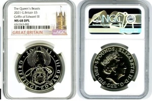 2021 GREAT BRITAIN 5PD QUEEN'S BEASTS NGC MS68 DPL GRIFFIN OF EDWARD III - Picture 1 of 3