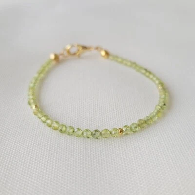 Dainty 2-3MM Peridot Faceted Round Gemstone Beads Girls & Women Bracelet 6-8'' - Image 1 of 4