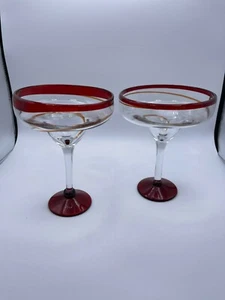 Hand Blown & Painted Large Margarita Glasses, (2), Red with Oranges Swirls - Picture 1 of 10