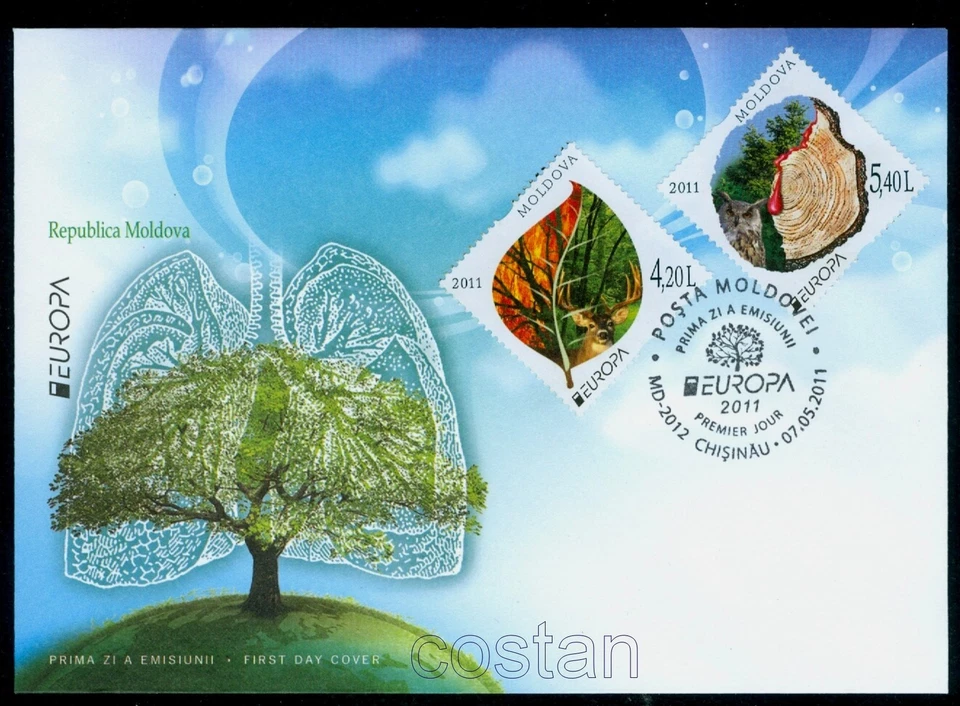 2011 Trees-Earth Lung,Owl,Blood/Deer,Fire,Forest protect,Europa,Moldova,749,FDC - Image 1 of 1