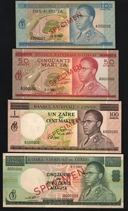 CONGO Dr. 10 50 100 MAKUTA 5 ZAIRE 1967 x4 Specimen Set MOBUTU UNC Currency NOTE - Picture 1 of 3