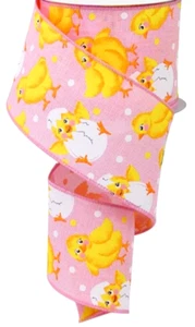 Easter 2.5" by 6 yards Yellow Baby Chicks on Pink Wired Ribbon Spring - Picture 1 of 3