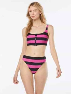 Michael Kors Rugby Striped Zipper Top Black Pink Cerise Bikini Size Small NWT - Picture 1 of 2