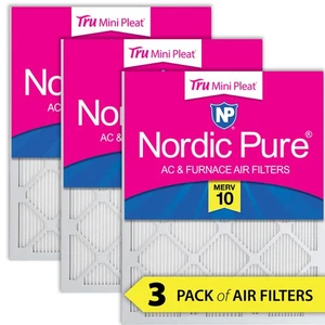 16x16x1 Nordic Pure Tru Mini Pleat MERV 10 AC Furnace Air Filters 3 Pack - Picture 1 of 7
