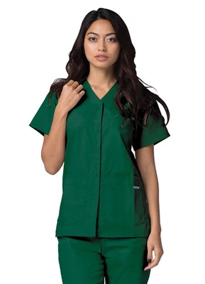 Adar Women Doctor Nurse Short Sleeve Snap Front V Neck Double Pocket Scrub Top - Image 1 of 4