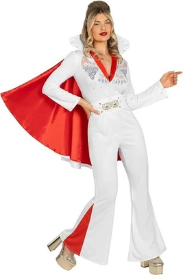 Mujer Elvis Rockstar Disfraz El Rey Las Vegas Disco Mono S-XL Halloween Foto 1 de 4