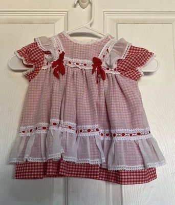 Vintage 70’s Homemade Red & White Baby Girl Dress Double Layer No Size - Image 1 of 4