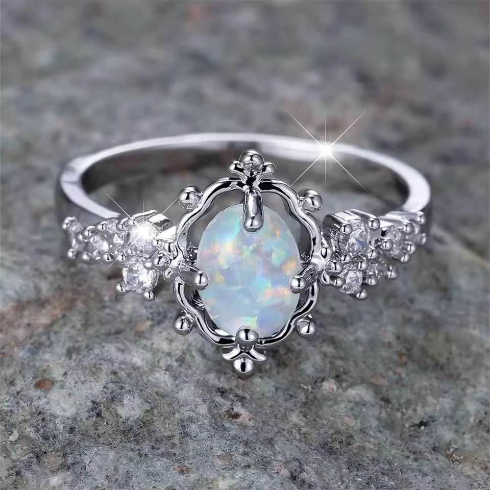 Anillo de compromiso de ópalo genuino anillo de boda de plata de ley talla 6 Foto 1 de 4