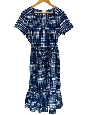 Vestido midi J.Crew Factory azul blanco tie-dye algodón talla 12 boho forrado lazo cintura Foto 1 de 4
