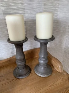 Candle Stick Holder Wooden Grey Coloured Pair 9” Tall - Picture 1 of 1