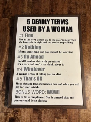 “5 Deadly Terms Used By A Woman” Plaque 12” x 16” - Image 1 of 2